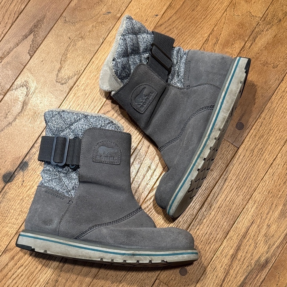 Sorel Rylee II Gray Suede Boots Women’s Size 7 Knit Trim Ankle Booties